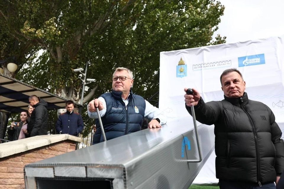 27 тысяч молоди сазана выпустили в реку астраханский губернатор Игорь Бабушкин и гендиректор «Газпром добыча Астрахань» Андрей Мельниченко
